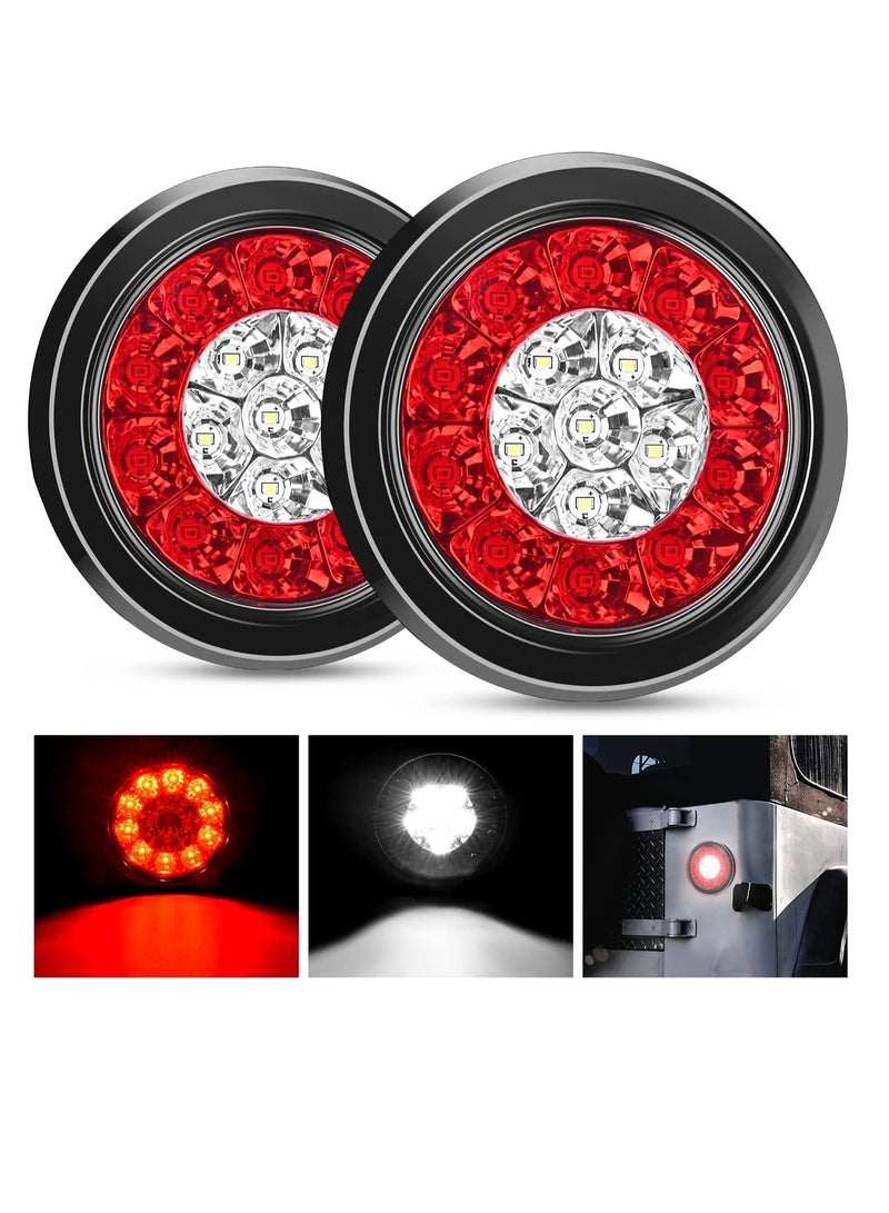 Generic 4" Round Red White LED, Trailer Tail Lights 16LEDs, Flush Mount Grommets IP67 Waterproof Stop Brake Running Reverse Light, for Trucks Trailer RV, 2 Pcs  - Image 1