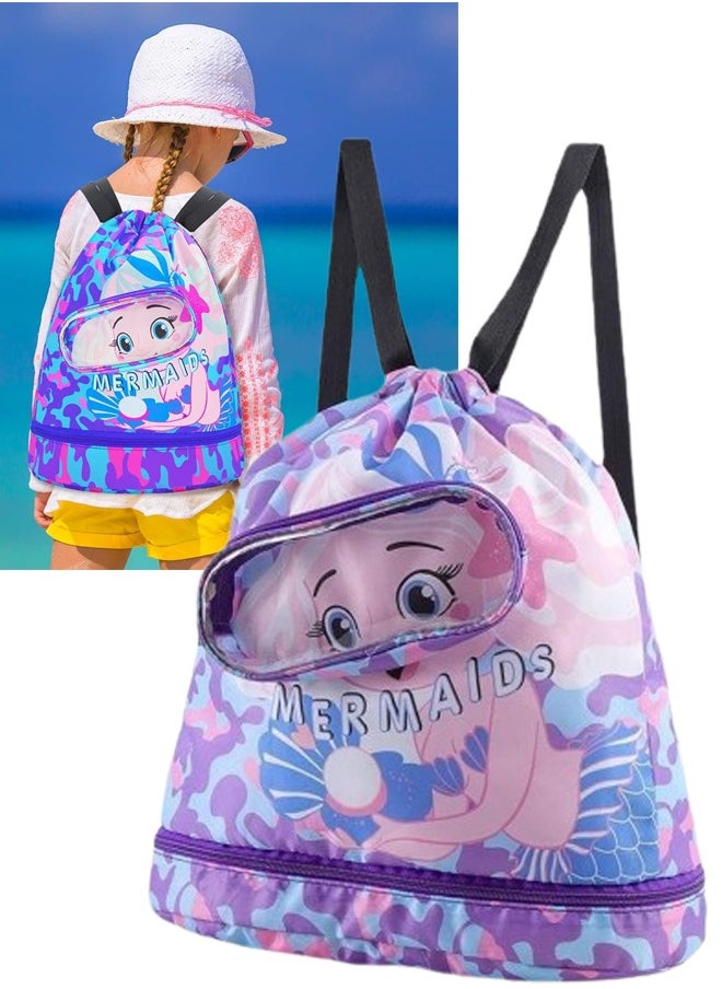 VUCATIN Children's Swimming Backpack Drawstring Children's Swimming Bag Beach Bag Sports Fitness Bag Dry and Wet Separation Suitable for Children Men Women (Mermaid)  - Image 1
