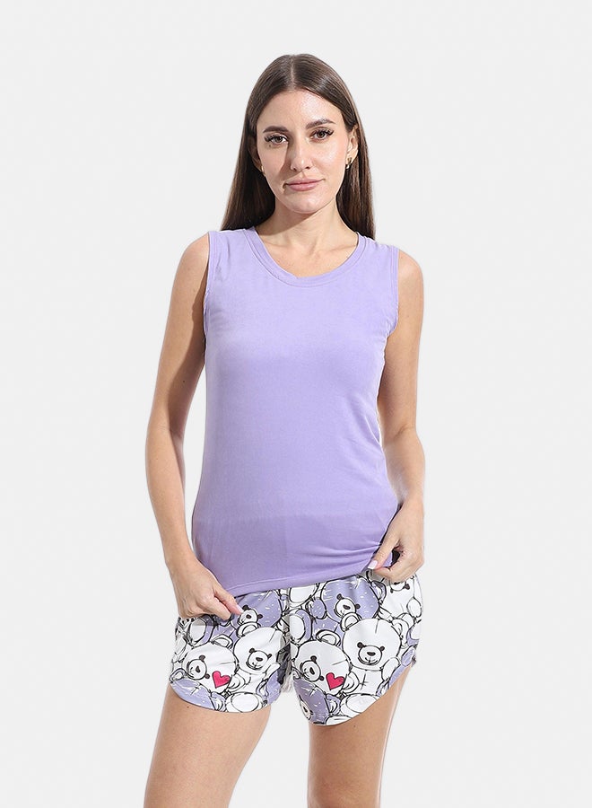 Andora Self Patterened Two Pieces Pijama Short & Cut Sleeves Shirt _ Purple & White - Image 1