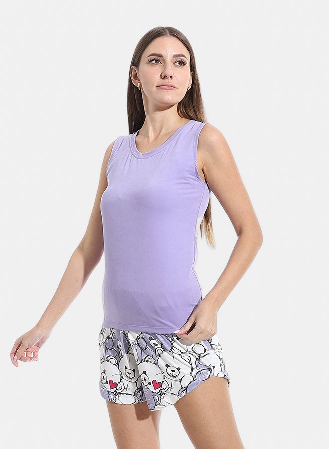 Andora Self Patterened Two Pieces Pijama Short & Cut Sleeves Shirt _ Purple & White - Image 3