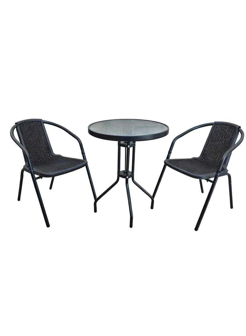 Noon East 3 Piece Metal Outdoor Patio Set, includes 2 Chairs and 1 Table with Wave Temper Glass Top, perfect for outdoor and balcony, Black - Image 4