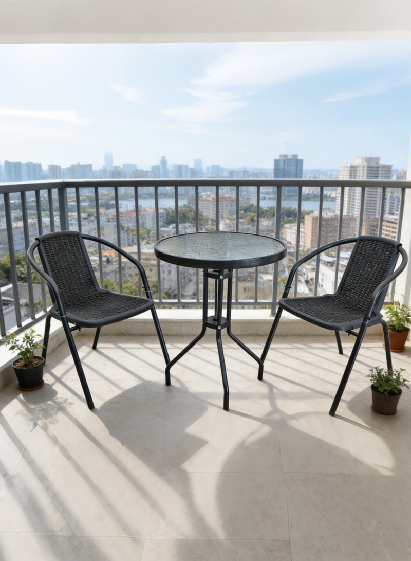 Noon East 3 Piece Metal Outdoor Patio Set, includes 2 Chairs and 1 Table with Wave Temper Glass Top, perfect for outdoor and balcony, Black - Image 3