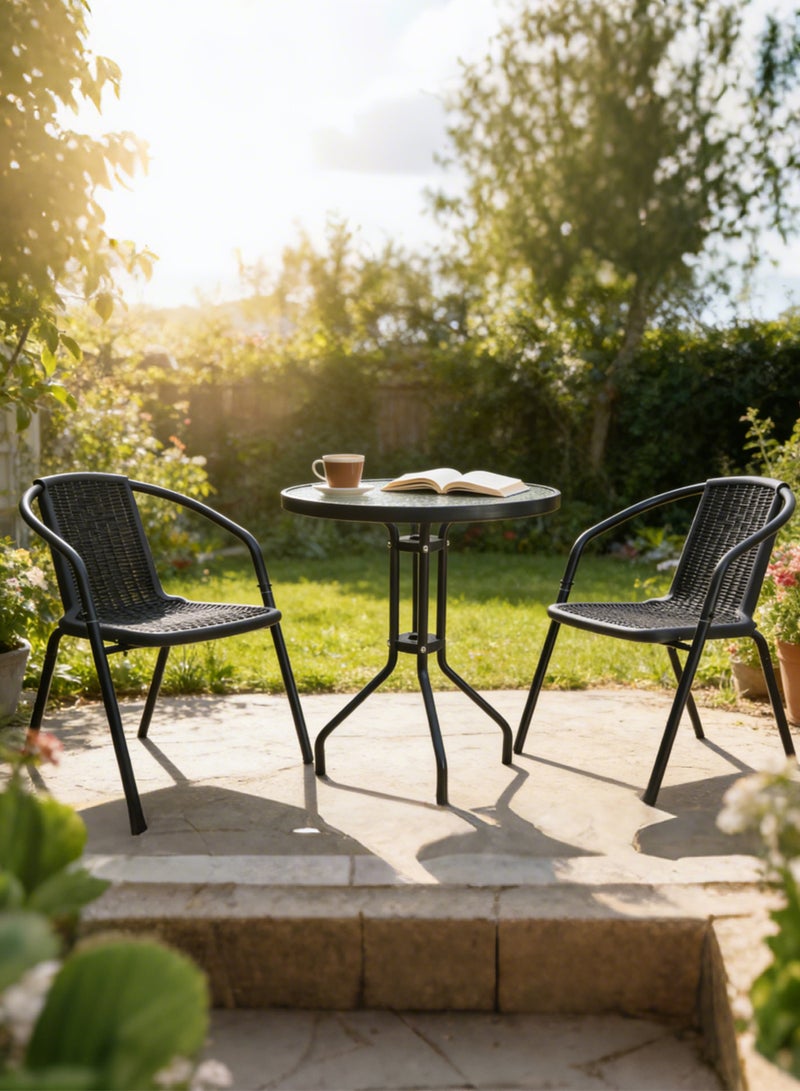 Noon East 3 Piece Metal Outdoor Patio Set, includes 2 Chairs and 1 Table with Wave Temper Glass Top, perfect for outdoor and balcony, Black - Image 1