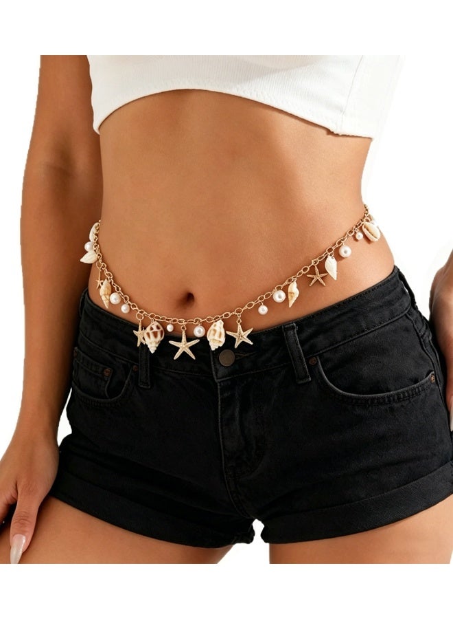 Ba Love Seashell Starfish Women's Waist Chain, Pearl Belt Seashell Body Chain Bohemian Gold Starfish Shell Waterproof Summer Beach Body Jewelry - Image 1