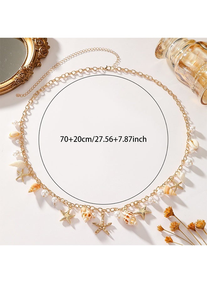 Ba Love Seashell Starfish Women's Waist Chain, Pearl Belt Seashell Body Chain Bohemian Gold Starfish Shell Waterproof Summer Beach Body Jewelry - Image 3
