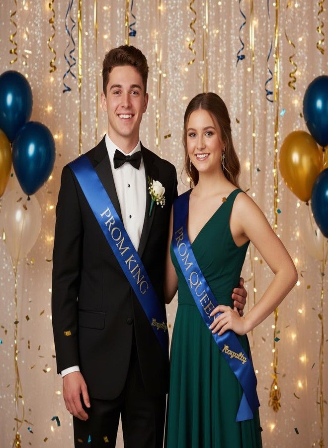 Anderson's Anderson’s Blue Satin Prom King & Queen Sashes with Gold Lettering & Gold Glitter Royalty Pins, 3" x 72" Sashes and 2" Pins for Prom Coronation & School Celebrations, 4 Piece Set - Image 4