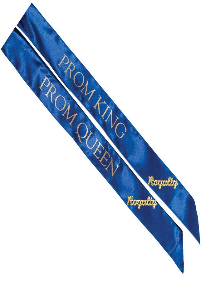 Anderson's Anderson’s Blue Satin Prom King & Queen Sashes with Gold Lettering & Gold Glitter Royalty Pins, 3" x 72" Sashes and 2" Pins for Prom Coronation & School Celebrations, 4 Piece Set - Image 1