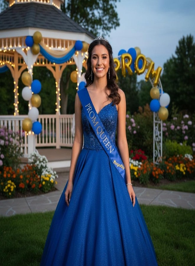 Anderson's Anderson’s Blue Satin Prom King & Queen Sashes with Gold Lettering & Gold Glitter Royalty Pins, 3" x 72" Sashes and 2" Pins for Prom Coronation & School Celebrations, 4 Piece Set - Image 5