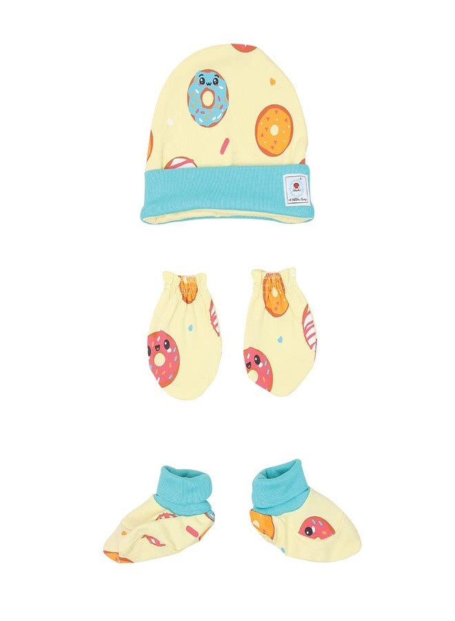 A toddler thing 100% Organic Cotton Cap, Mittens and Booties | Baby Caps Gloves & Socks | For Boys & Girls | For Newborn Babies | Winter Cap | Woolen Gift Pack | Baby Clothes | Shade: Donut Worry - Image 1