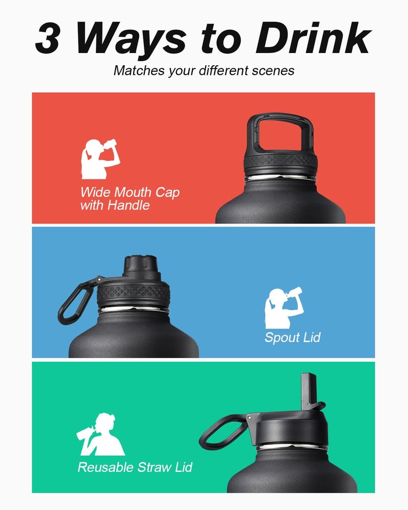 Coolflask 64 oz Water Bottle Insulated with Straw & 3 Lids, Coolflask Large Metal Stainless Steel Water Jug Big Half Gallon Wide Mouth for Sports, Gym or Office, Non-BPA Keep Cold 48H Hot 24H, Magic Black - Image 4