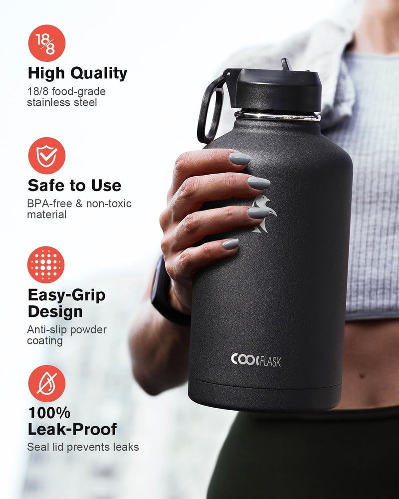 Coolflask 64 oz Water Bottle Insulated with Straw & 3 Lids, Coolflask Large Metal Stainless Steel Water Jug Big Half Gallon Wide Mouth for Sports, Gym or Office, Non-BPA Keep Cold 48H Hot 24H, Magic Black - Image 3