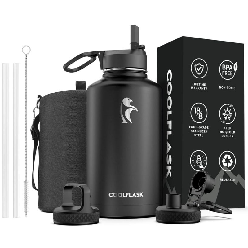 Coolflask 64 oz Water Bottle Insulated with Straw & 3 Lids, Coolflask Large Metal Stainless Steel Water Jug Big Half Gallon Wide Mouth for Sports, Gym or Office, Non-BPA Keep Cold 48H Hot 24H, Magic Black - Image 1
