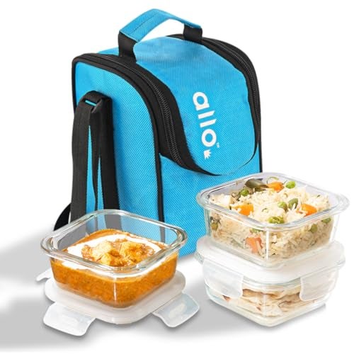 Allo Food Safe Borosilicate Glass Lunch Box, 450C Microwave Safe Lunch Box, Borosilicate Borosilicate Glass Tiffin for Office with Sky Blue Tiffin Bag, Set of 3, 320ml x 3, Square - Image 1