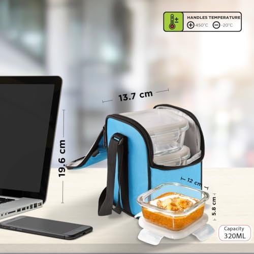 Allo Food Safe Borosilicate Glass Lunch Box, 450C Microwave Safe Lunch Box, Borosilicate Borosilicate Glass Tiffin for Office with Sky Blue Tiffin Bag, Set of 3, 320ml x 3, Square - Image 4