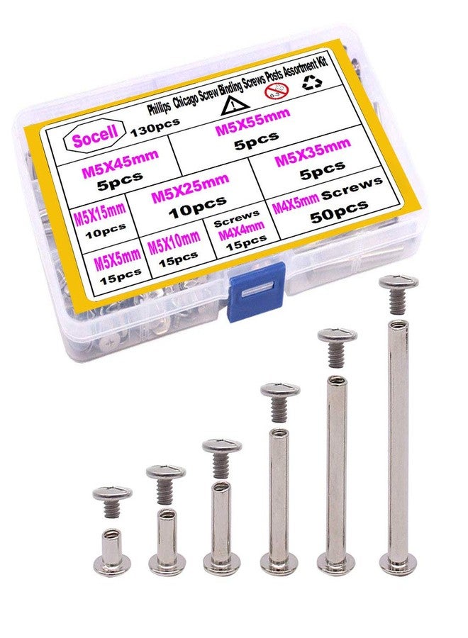 Socell 130pcs Phillips Chicago Screw Binding Screws Posts Assortment Kit for Scrapbook Photo Albums Craft and DIY Leather Decoration Bookbinding(M5 x 5/10/15/25/35/45/55) - Image 1
