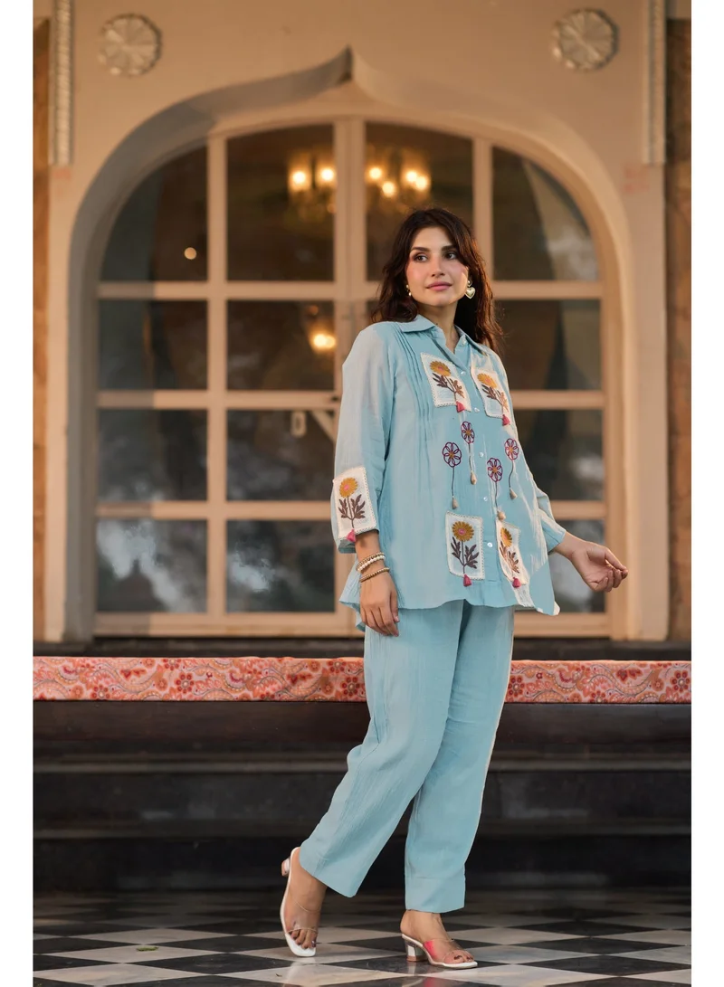 Priya’s Panache Powder Blue Cotton Crush Co-Ord Set for Women with Floral Embroidery & Schiffli Net Detailing | Shirt Collar Top with 3/4 Sleeves & Straight Pants | Indian Ethnic Wear | Kurti Set | Smart Casual & Brunch Wear