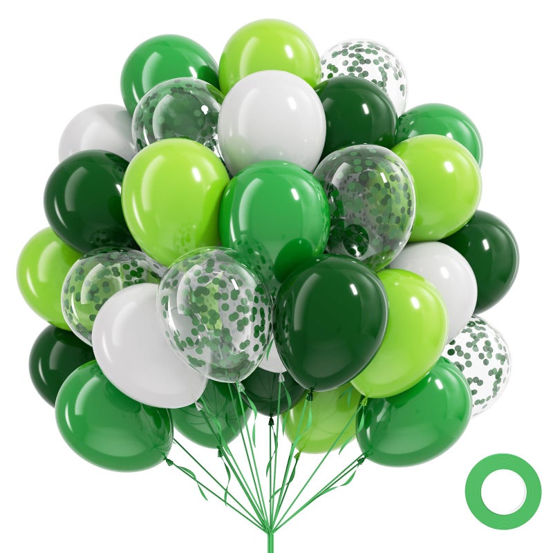 Leraqertra 60Pcs Green Balloons 12inch with Lime Dark Green and White Balloons Confetti Balloon for Themed Baby Shower Birthday Party Decorations - Image 1