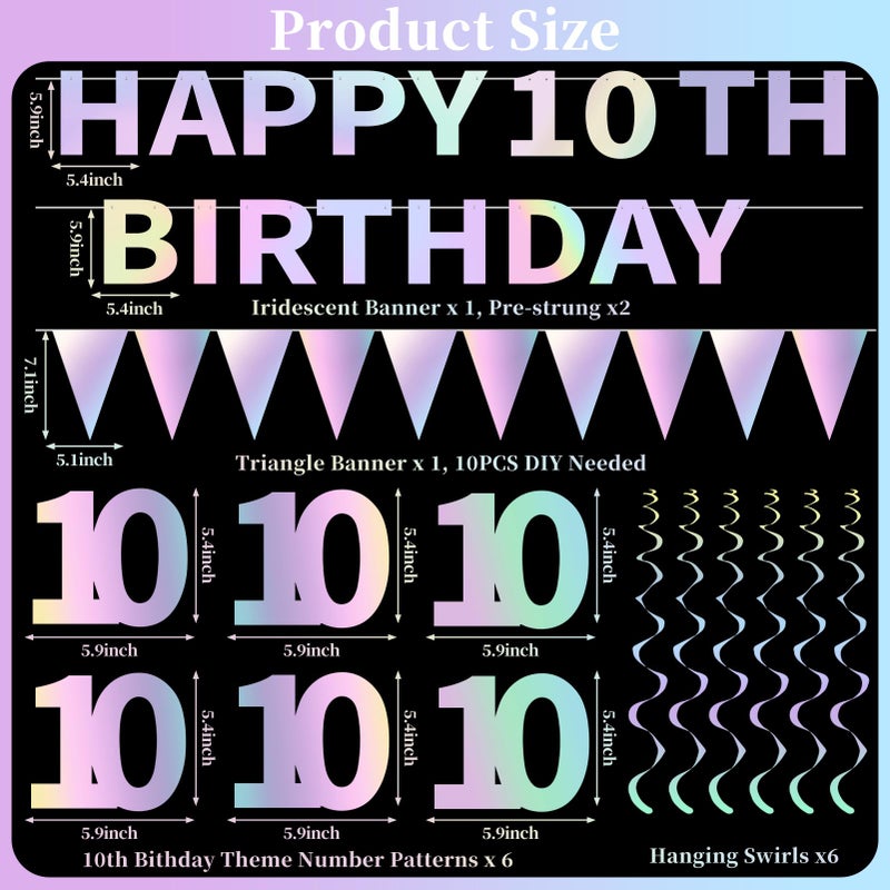 Eucutur Iridescent Happy 10th Birthday Decorations Kit for Girls Boys, Pre-Strung 10 Bday Banner Hanging Swirls Bunting Party Supplies, Ten-year-old Double Digits Birthday Photo Props Decor - Image 2