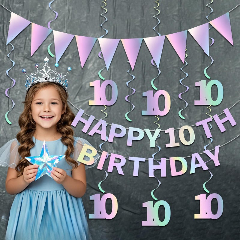 Eucutur Iridescent Happy 10th Birthday Decorations Kit for Girls Boys, Pre-Strung 10 Bday Banner Hanging Swirls Bunting Party Supplies, Ten-year-old Double Digits Birthday Photo Props Decor - Image 4