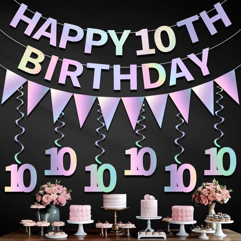 Eucutur Iridescent Happy 10th Birthday Decorations Kit for Girls Boys, Pre-Strung 10 Bday Banner Hanging Swirls Bunting Party Supplies, Ten-year-old Double Digits Birthday Photo Props Decor - Image 1