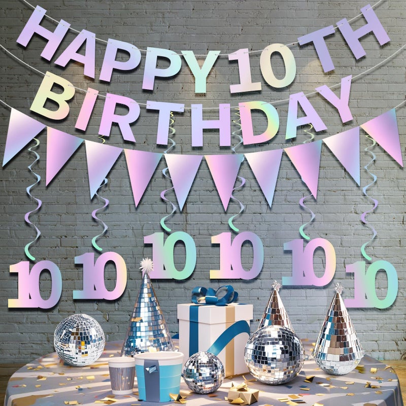 Eucutur Iridescent Happy 10th Birthday Decorations Kit for Girls Boys, Pre-Strung 10 Bday Banner Hanging Swirls Bunting Party Supplies, Ten-year-old Double Digits Birthday Photo Props Decor - Image 3