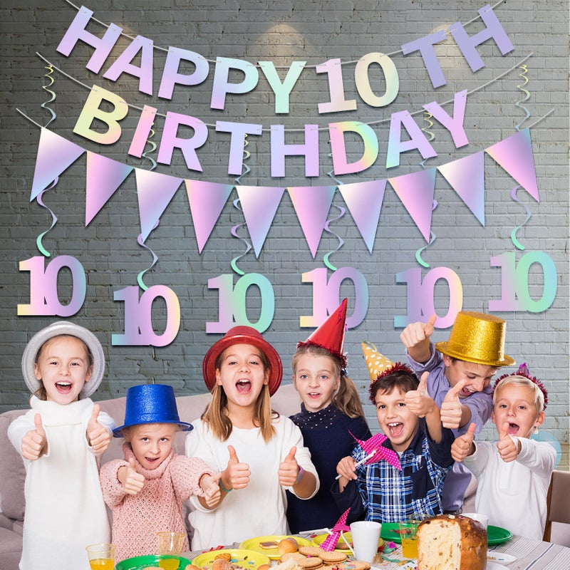 Eucutur Iridescent Happy 10th Birthday Decorations Kit for Girls Boys, Pre-Strung 10 Bday Banner Hanging Swirls Bunting Party Supplies, Ten-year-old Double Digits Birthday Photo Props Decor - Image 5