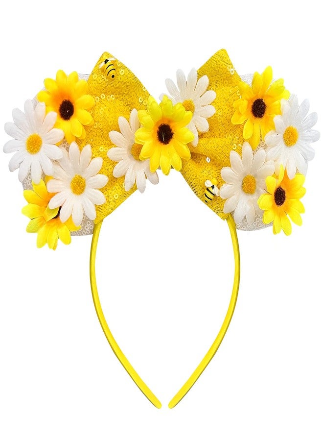 Bmobuo Daisy Mouse Ears Headband for Women, Yellow & White Flower Park Ears Cute Headband