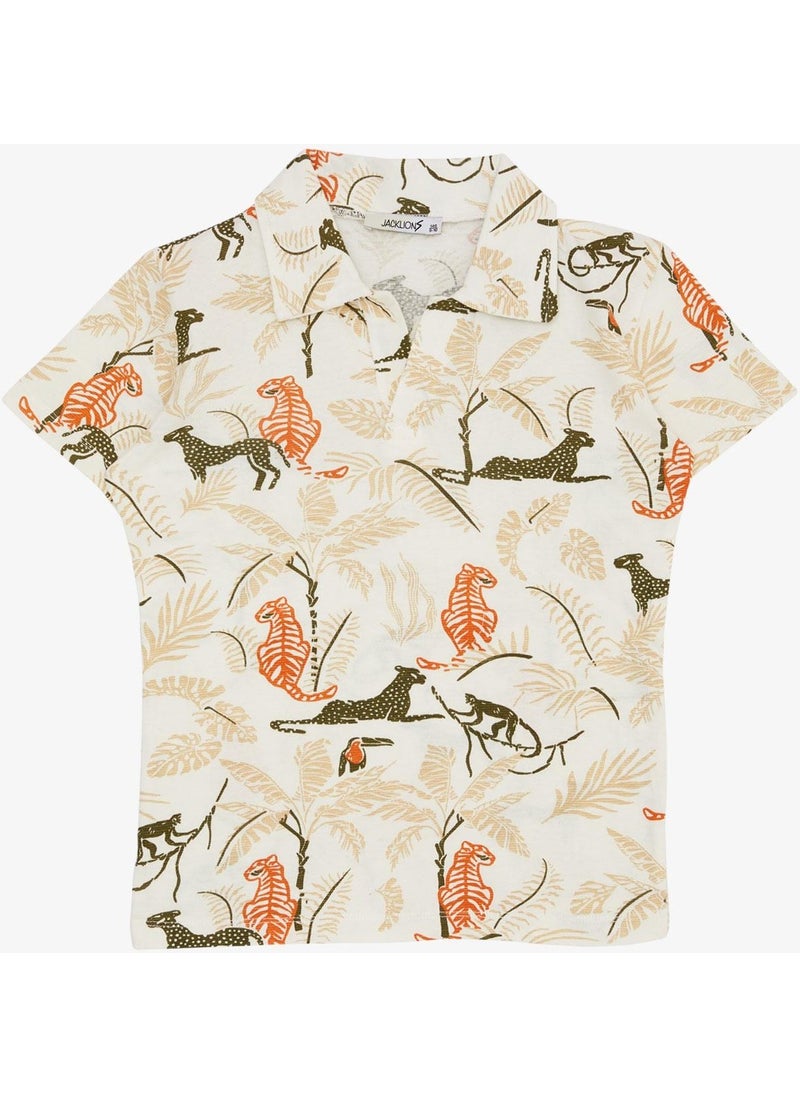 Jack Lions Boy's T-Shirt Forest Themed Animal Patterned Age 5-14, Cream  - Image 1