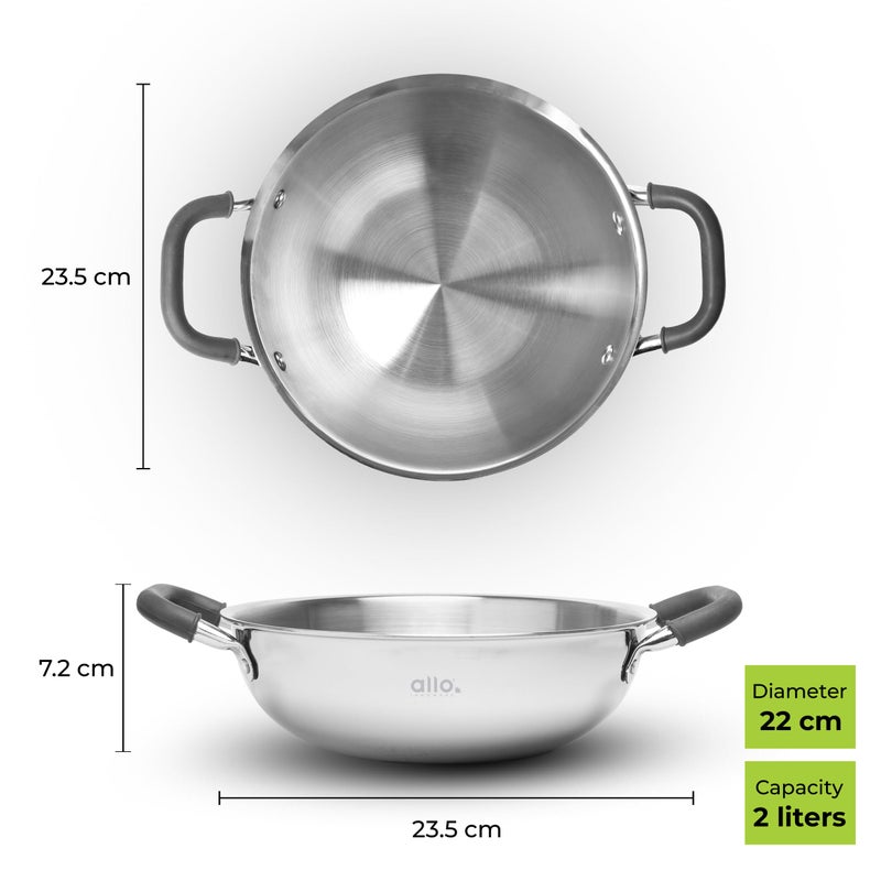Allo Allo Triply Stainless Steel Kadhai with Handles|Perfect Kadhai for Curry/Stir-Fry/Deep-Fry/DryVeg/Saute Induction Friendly Naturally Non-Stick | 10 Years Warranty, 22cm, 2 litres Without lid  - Image 2