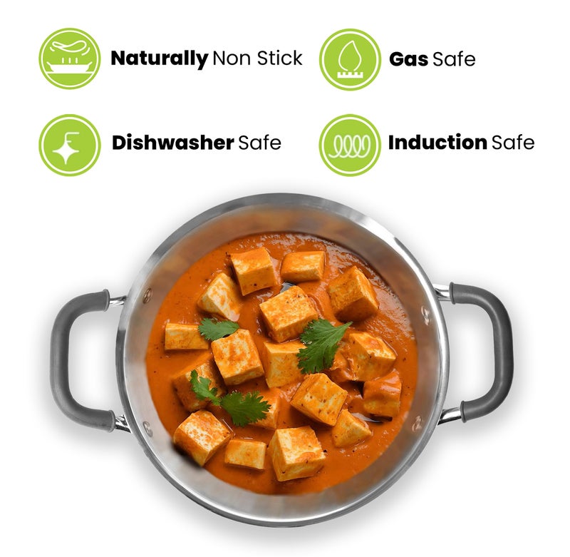 Allo Allo Triply Stainless Steel Kadhai with Handles|Perfect Kadhai for Curry/Stir-Fry/Deep-Fry/DryVeg/Saute Induction Friendly Naturally Non-Stick | 10 Years Warranty, 22cm, 2 litres Without lid  - Image 3