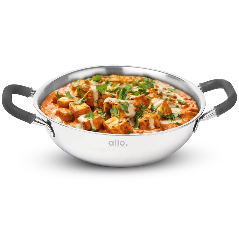 Allo Allo Triply Stainless Steel Kadhai with Handles|Perfect Kadhai for Curry/Stir-Fry/Deep-Fry/DryVeg/Saute Induction Friendly Naturally Non-Stick | 10 Years Warranty, 22cm, 2 litres Without lid  - Image 1