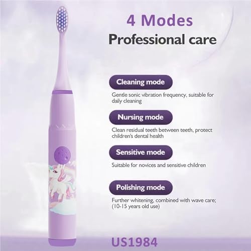 US1984 Sonic Electric Toothbrush for Kids with 4 Modes, 3 Brush Heads & Rechargeable Battery, Ultra Soft Nylon Bristles, IPX7 Waterproof, Electric Power Tooth brush (Purple) - Image 2