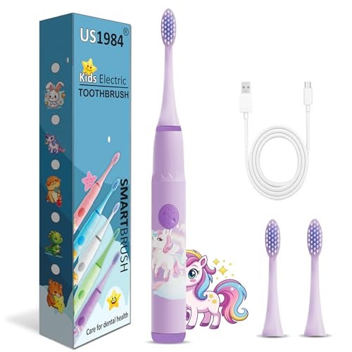 US1984 Sonic Electric Toothbrush for Kids with 4 Modes, 3 Brush Heads & Rechargeable Battery, Ultra Soft Nylon Bristles, IPX7 Waterproof, Electric Power Tooth brush (Purple) - Image 1
