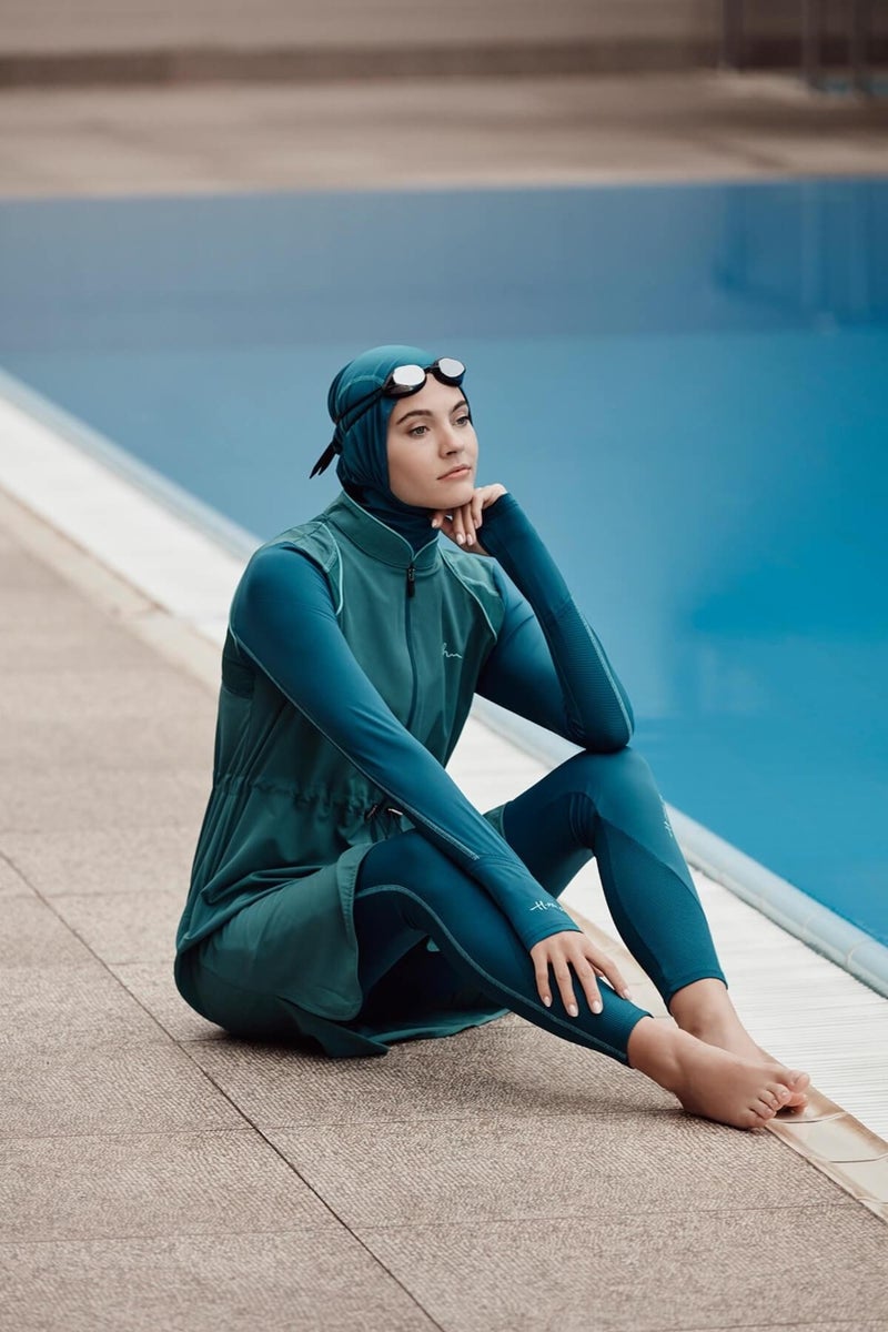Haşema Performance Series Honeycomb Texture Detailed Water Green 5 Piece Hijab Swimsuit Set H-Per 50 - Image 2