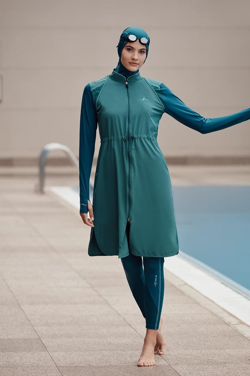 Haşema Performance Series Honeycomb Texture Detailed Water Green 5 Piece Hijab Swimsuit Set H-Per 50 - Image 1