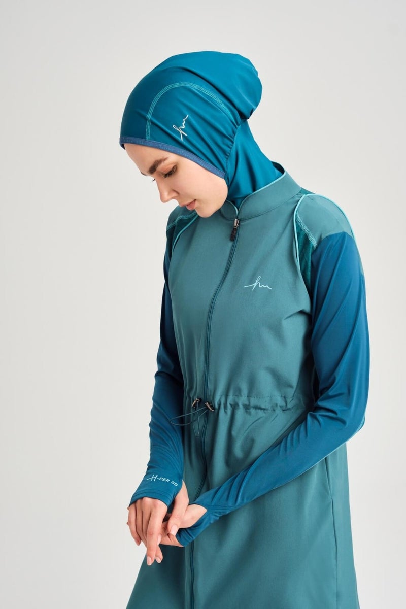 Haşema Performance Series Honeycomb Texture Detailed Water Green 5 Piece Hijab Swimsuit Set H-Per 50 - Image 4