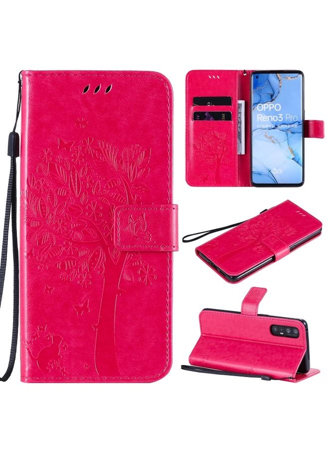 HuHa Case Cover For Oppo Reno3 Pro 5G / Find X2 Neo Tree & Cat Embossed Pattern Horizontal Flip Leather Case with Holder & Card Slots & Wallet & Lanyard Rose Red 