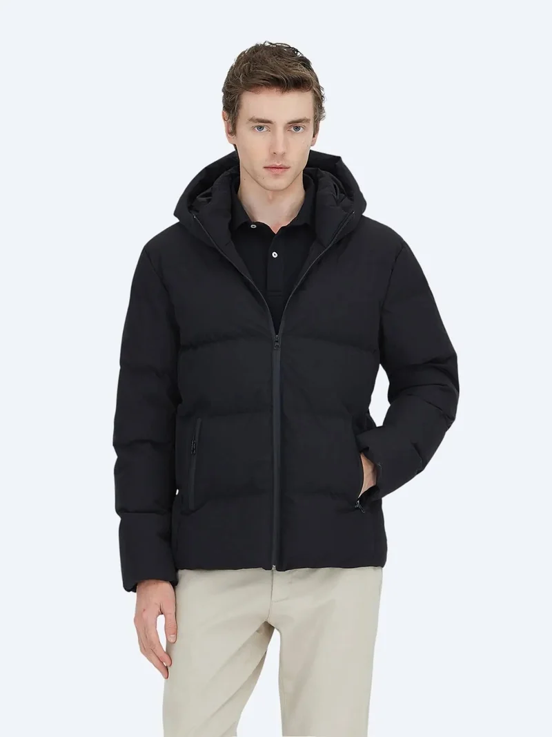 كيب معطف أسود بقصة عادية وغطاء رأس، مصنوع من نسيج منسوج غير رسمي