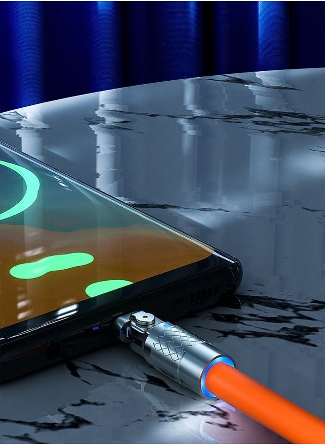 كابل شحن سريع دوار 180 درجة مع مؤشر شحن وسلك USB إلى C أقصى طاقة إخراج 120 وات وموصل دوار مرن شحن أمان مطاطي سميك (للنوع C ، برتقالي 2 متر)