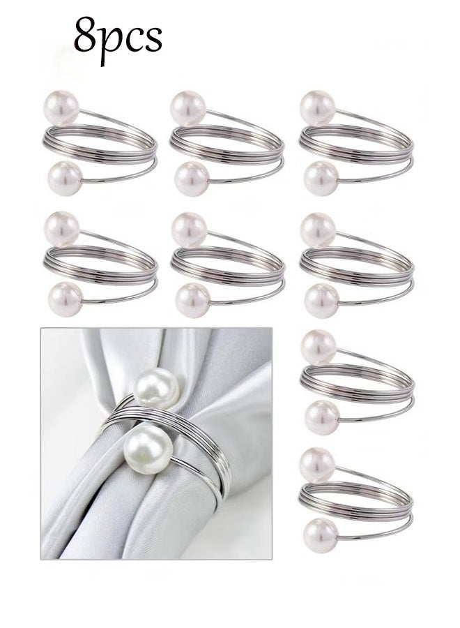 واي جيه 8 قطع خواتم مناديل بلون فضي لؤلؤي، تصميم رجعي وبسيط، خواتم مناديل فضية مزينة باللؤلؤ، خواتم مناديل معدنية مطلية بالفضة لتزيين مائدة عشاء الأسرة أو حفلات الزفاف أو أعياد الميلاد. - Image 1