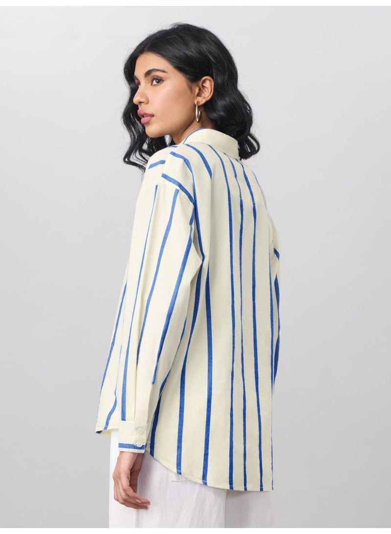 The Souled Store Stripe Shirt: Sailor Women and Girls Full Sleeves Spread Collar Striped Cotton Oversized Fit Lightweight Summer-Ready Shirt for Casual Streetwear - Image 4