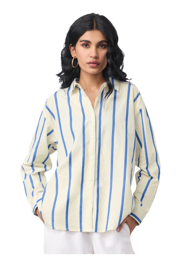 The Souled Store Stripe Shirt: Sailor Women and Girls Full Sleeves Spread Collar Striped Cotton Oversized Fit Lightweight Summer-Ready Shirt for Casual Streetwear - Image 1
