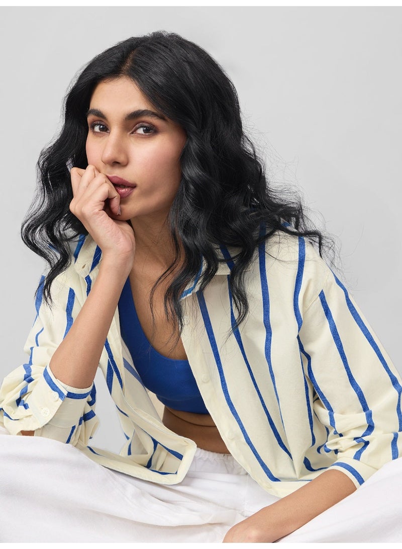 The Souled Store Stripe Shirt: Sailor Women and Girls Full Sleeves Spread Collar Striped Cotton Oversized Fit Lightweight Summer-Ready Shirt for Casual Streetwear - Image 3