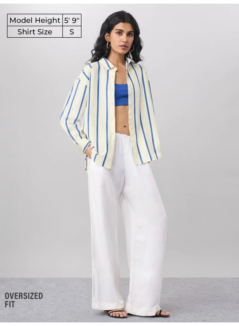 The Souled Store The Souled Store Stripe Shirt: Sailor Women and Girls Full Sleeves Spread Collar Striped Cotton Oversized Fit Lightweight Summer-Ready Shirt for Casual Streetwear