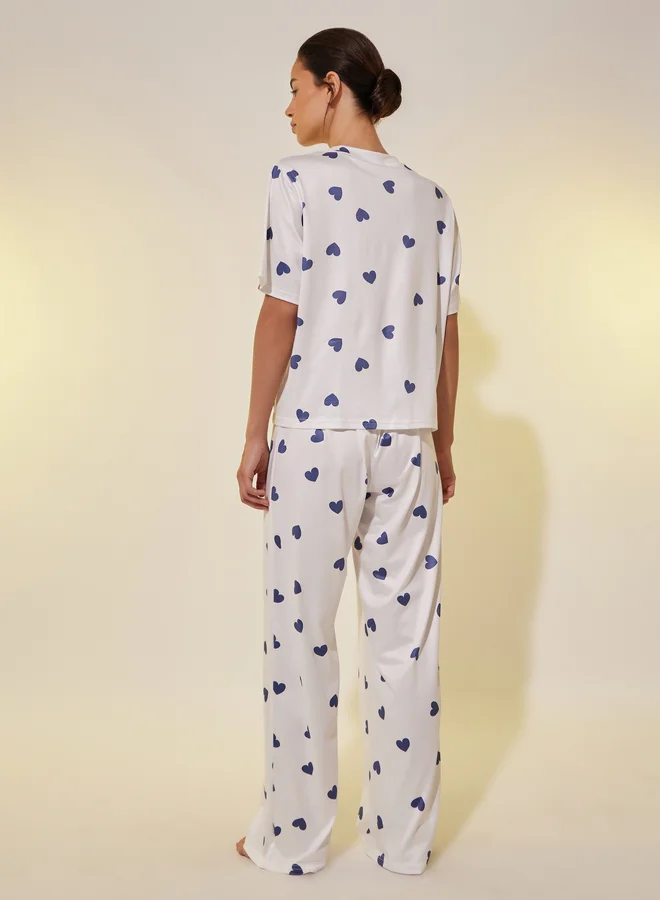 تايك تو Take Two Heart Printed Round Neck T-Shirt & Pyjama Set