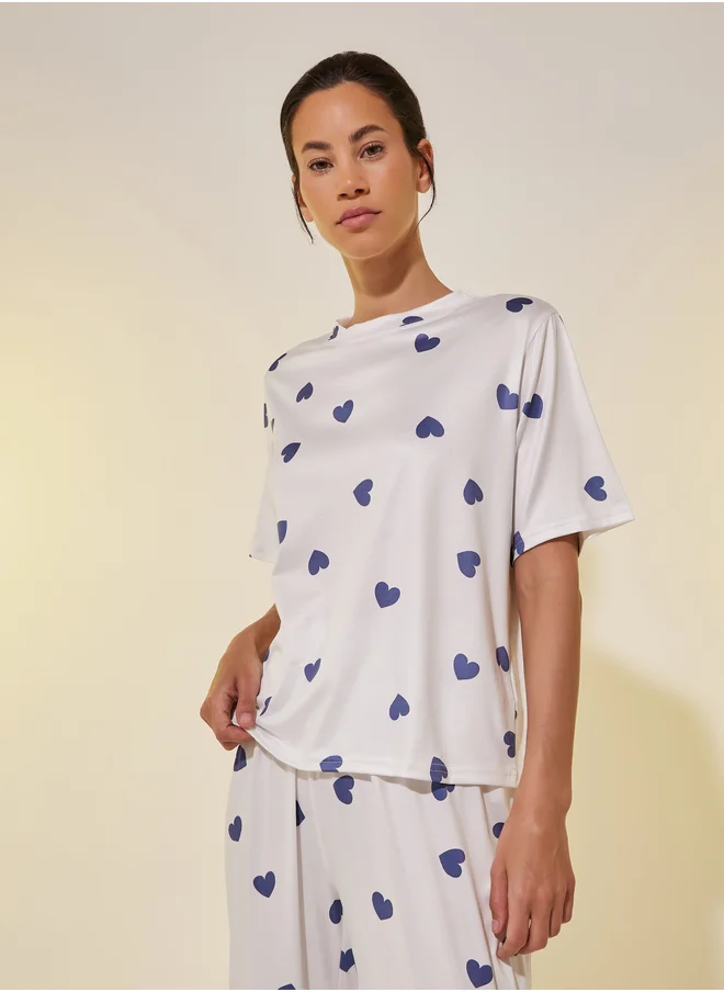 تايك تو Take Two Heart Printed Round Neck T-Shirt & Pyjama Set