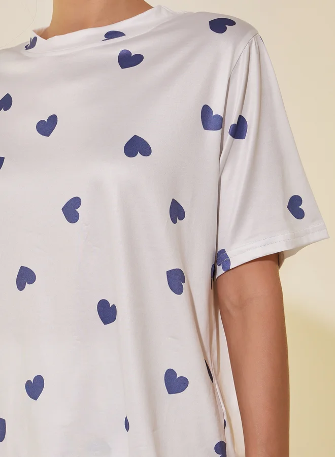 تايك تو Take Two Heart Printed Round Neck T-Shirt & Pyjama Set