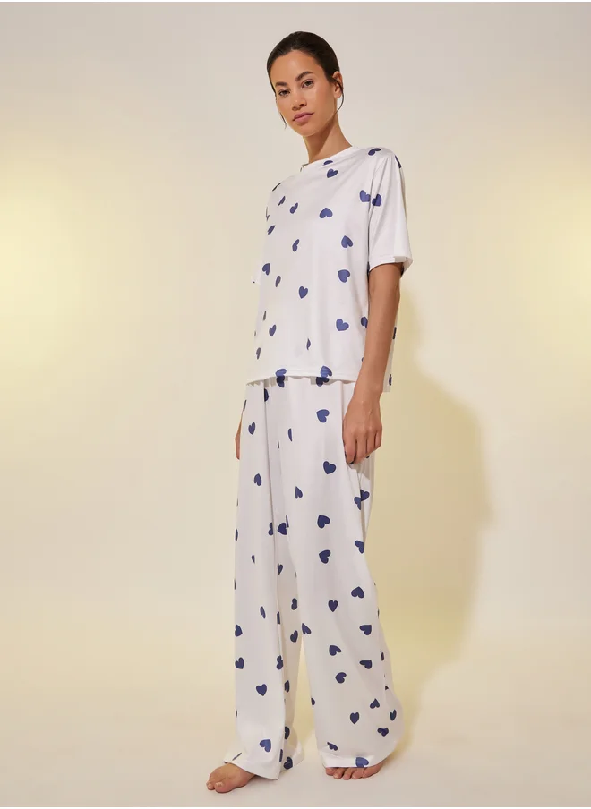 تايك تو Take Two Heart Printed Round Neck T-Shirt & Pyjama Set
