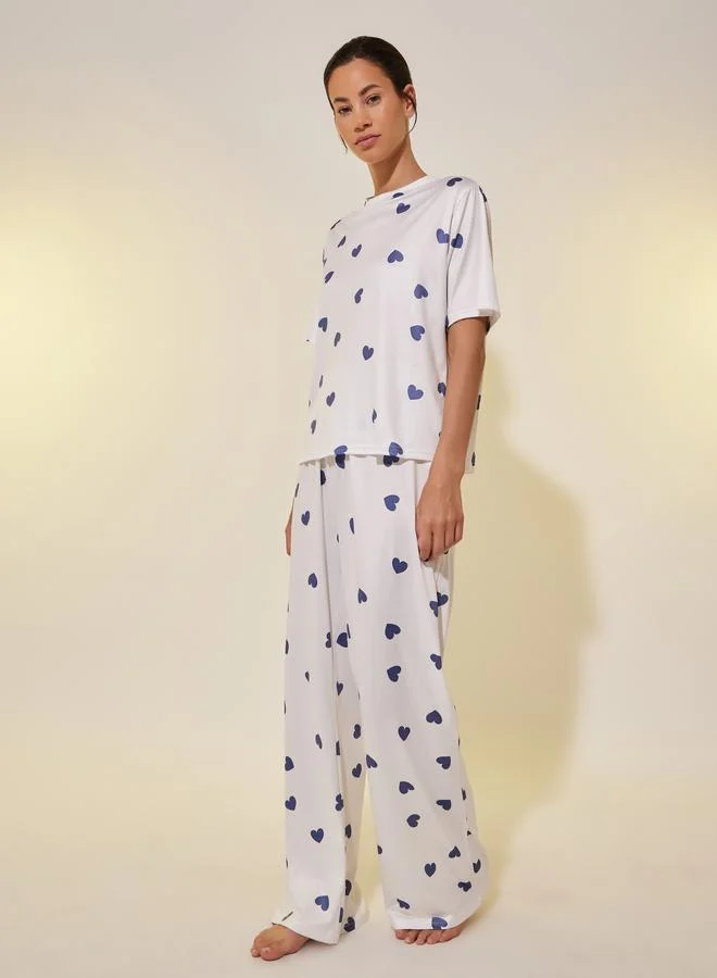 Take Two Heart Printed Round Neck T-Shirt & Pyjama Set