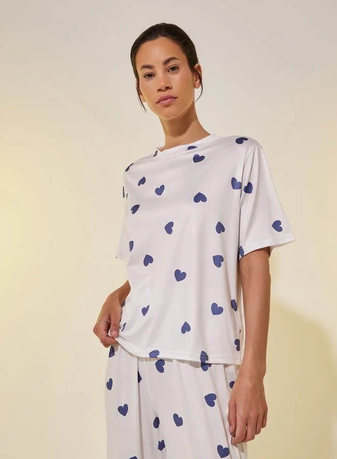 Take Two Heart Printed Round Neck T-Shirt & Pyjama Set